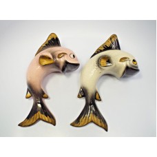 Vintage Mid Century Pink & White w/ Gold & Black Trim Pair of Fish Wall Pockets   332404860849